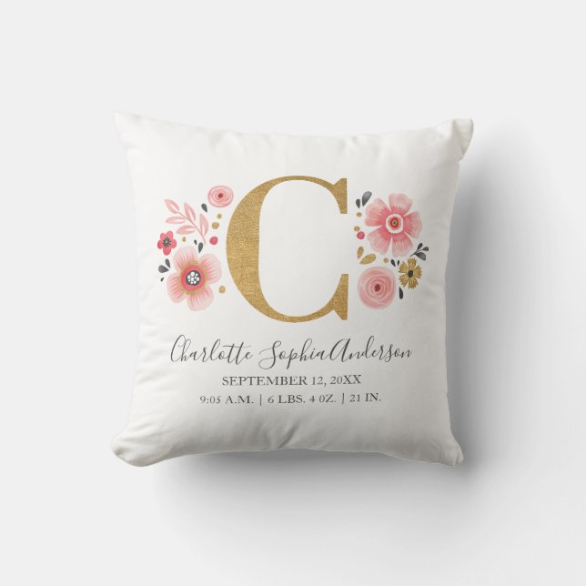 Pink Floral Monogram Initial Letter C Birth Stats Cushion (Front)