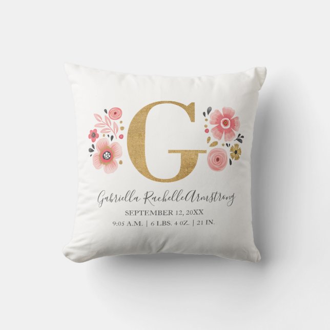 Pink Floral Monogram Initial Letter G Birth Stats Cushion (Front)