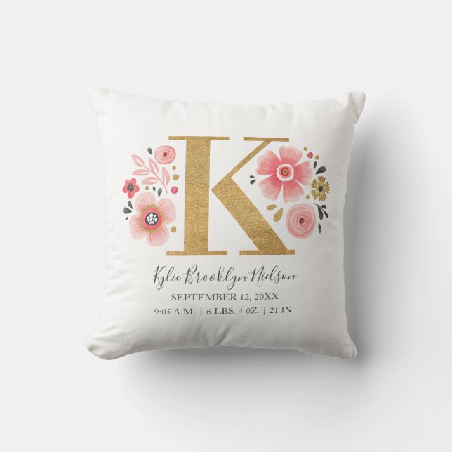 Pink Floral Monogram Initial Letter K Birth Stats Cushion (Front)