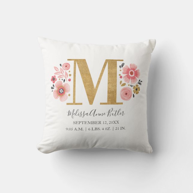 Pink Floral Monogram Initial Letter M Birth Stats Cushion (Front)