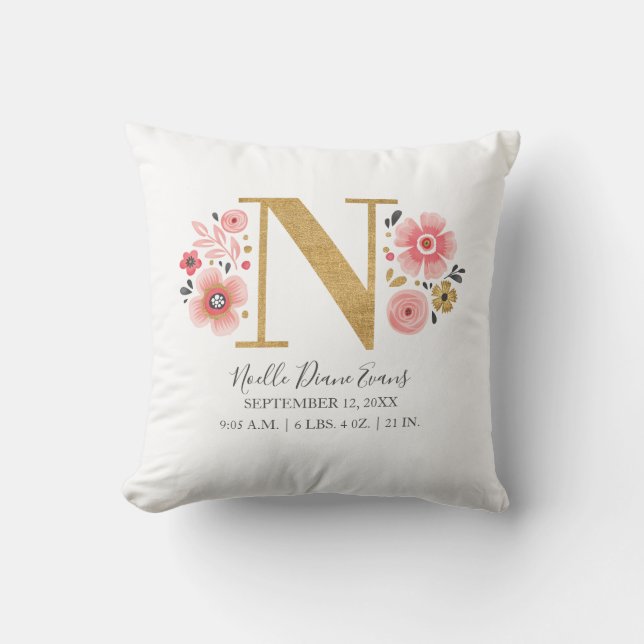 Pink Floral Monogram Initial Letter N Birth Stats Cushion (Front)