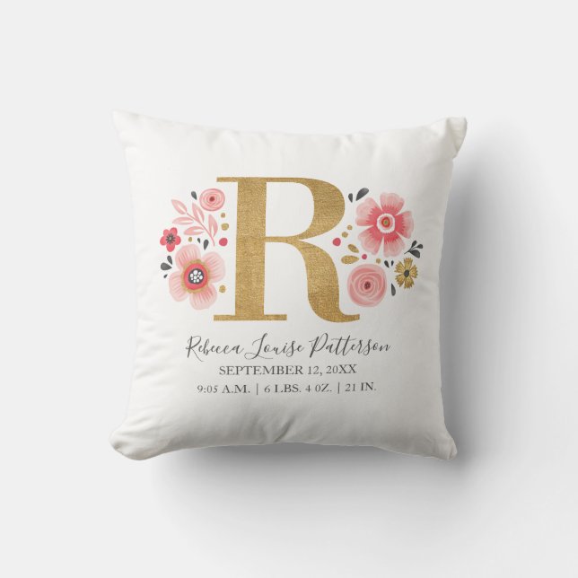 Pink Floral Monogram Initial Letter R Birth Stats Cushion (Front)