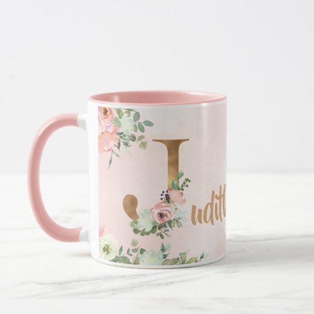 Pink floral monogram J watercolor with Name Mug (Left)