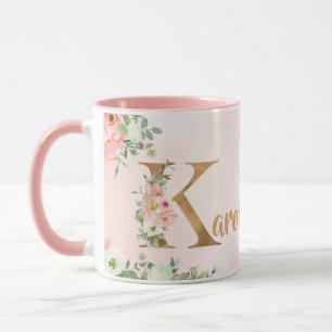 Pink floral monogram K watercolor with Name Mug