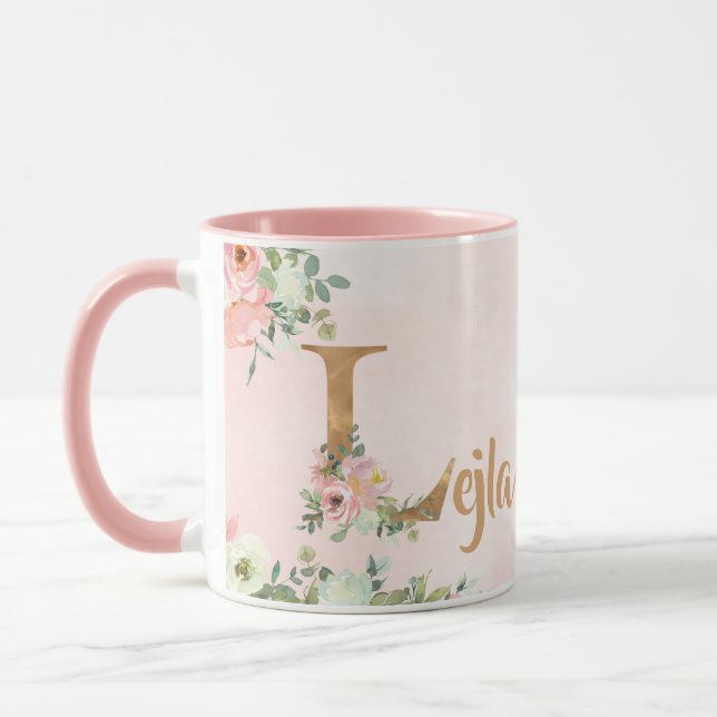 Pink floral monogram L watercolor with Name Mug (Left)