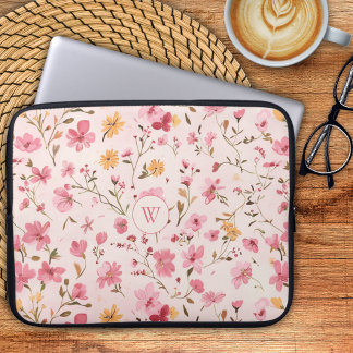Pink Floral Monogram Laptop Sleeve