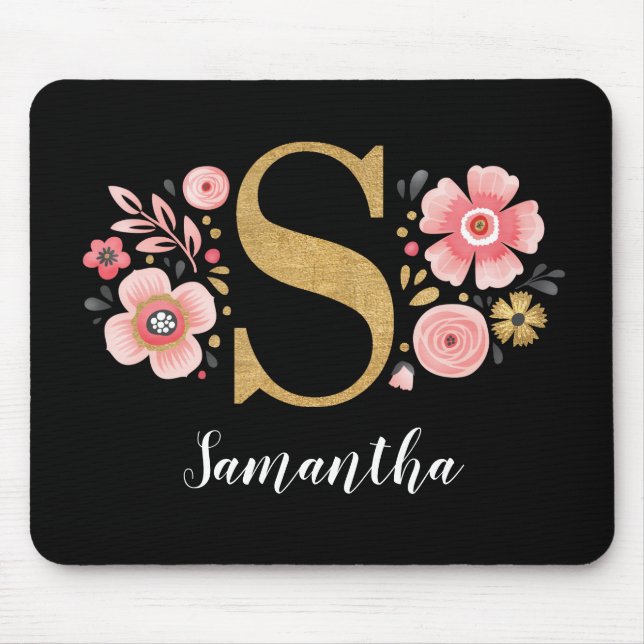 Pink Floral Monogram Mouse Mat (Front)