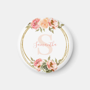 Pink Floral Monogram Name  Magnet