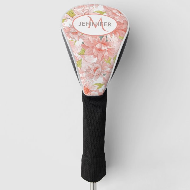 Pink Floral Monogram Personalised Name Golf Head Cover (Front)
