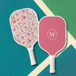 Pink Floral Monogram  Pickleball Paddle