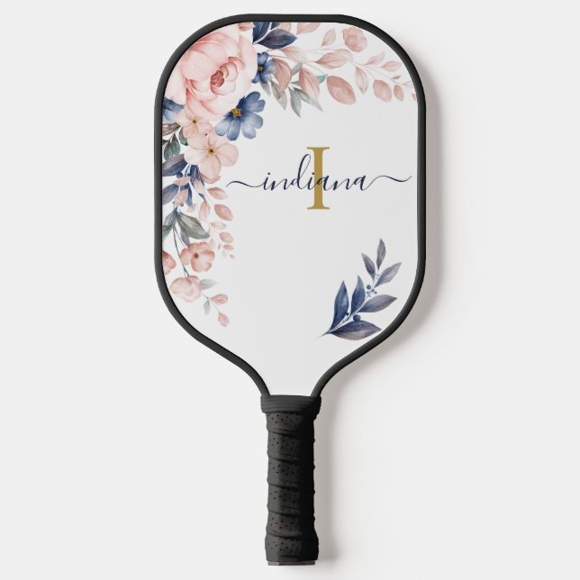 Pink Floral Monogram Script Name Feminine Pickleball Paddle (Front)