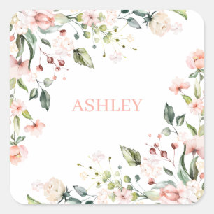 Pink Floral Monogram Watercolor Personalised Name Square Sticker