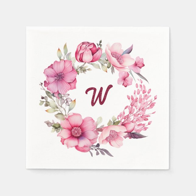Pink Floral Monogrammed Initial  Napkin (Front)