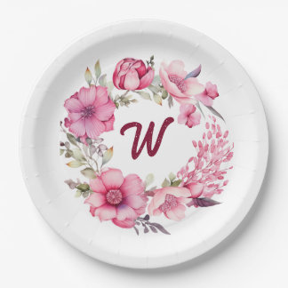 Pink Floral Monogrammed Initial  Paper Plate