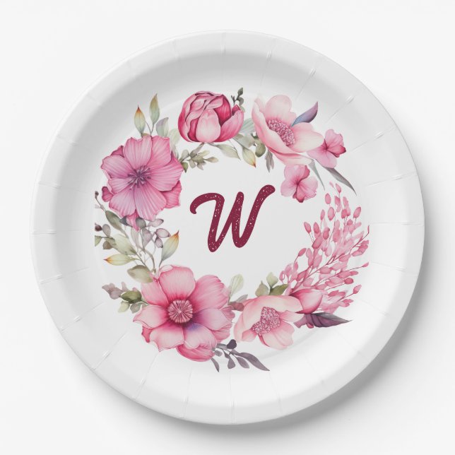 Pink Floral Monogrammed Initial  Paper Plate (Front)