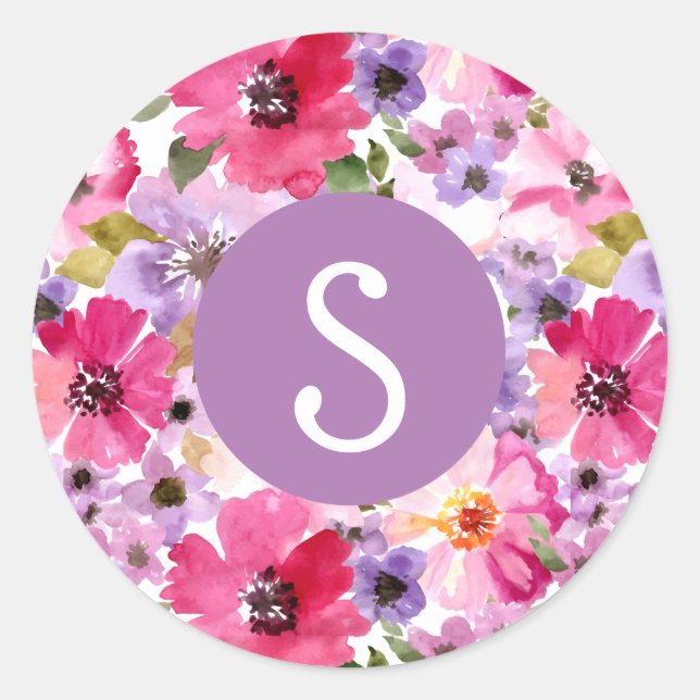 Pink Floral Monogrammed Sticker (Front)