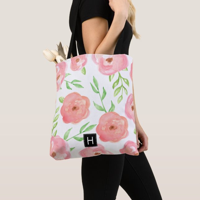 Pink Floral Monogrammed Tote Bag (Close Up)