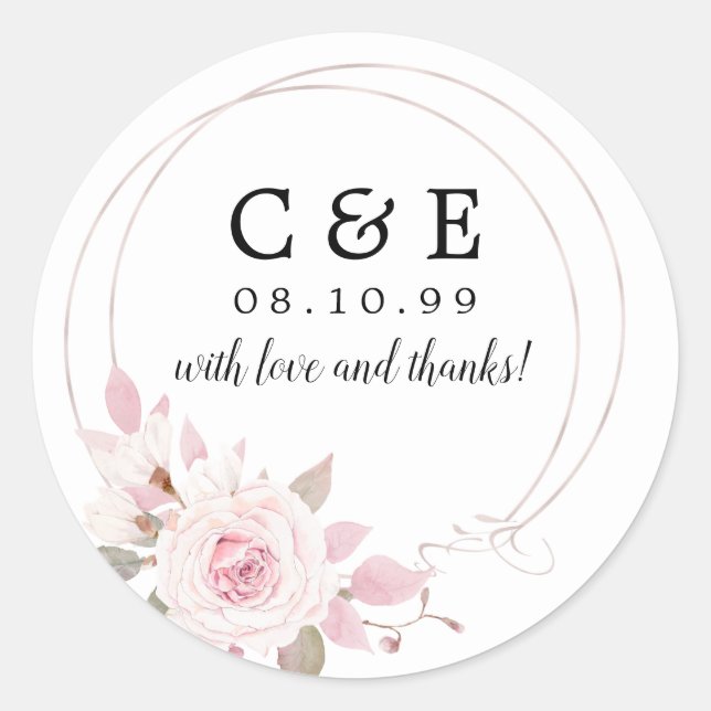 Pink Floral  Monogrammed Wedding Thank You Classic Round Sticker (Front)