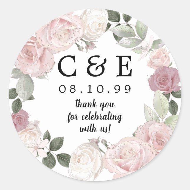 Pink Floral  Monogrammed Wedding Thank You Classic Round Sticker (Front)