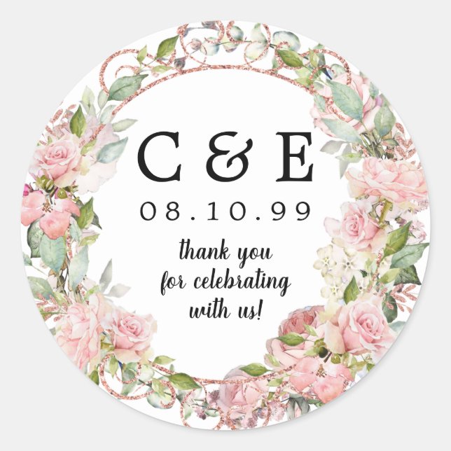 Pink Floral  Monogrammed Wedding Thank You Classic Round Sticker (Front)