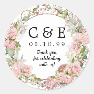 Pink Floral  Monogrammed Wedding Thank You Classic Round Sticker