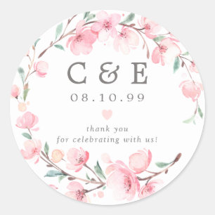 Pink Floral Monogrammed Wedding Thank You Classic Round Sticker