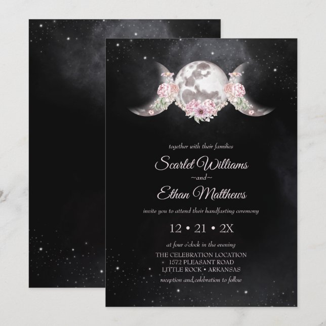 Pink Floral Moon Phases Mystical Wicca Handfasting Invitation (Front/Back)