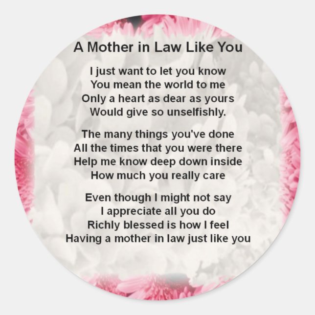 Pink Floral -  Mother in Law Poem Classic Round Sticker (Front)