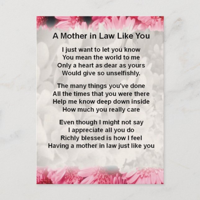 Pink Floral -  Mother in Law Poem Postcard (Front)