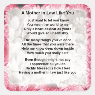 Pink Floral -  Mother in Law Poem Square Sticker