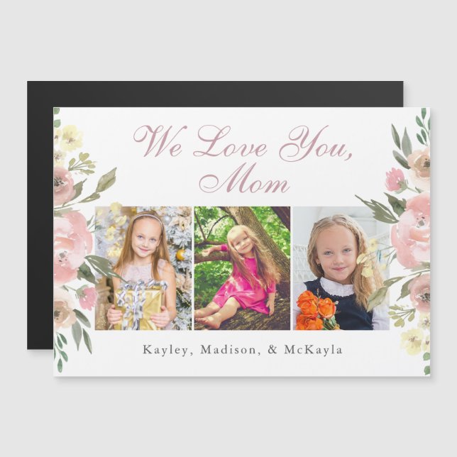 Pink Floral Mother's Day Photo Collage Magnet Card (Front/Back)