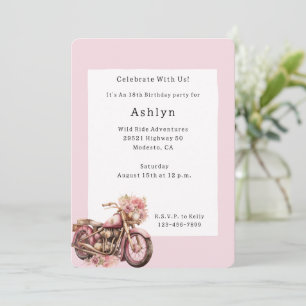 Pink Floral Motorcycle Birthday Invitation
