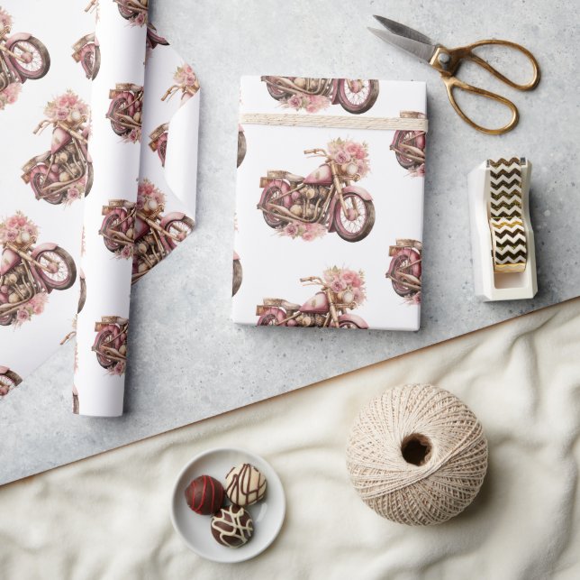 Pink Floral Motorcycle Birthday Wrapping Paper (Crafts)
