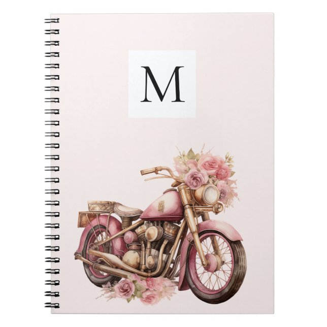 Pink Floral Motorcycle Monogram  Notebook (Front)