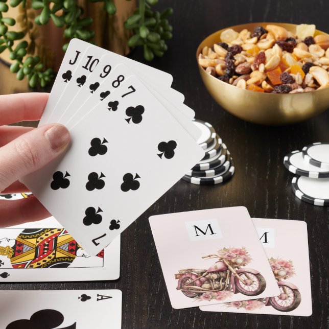 Pink Floral Motorcycle Monogram  Playing Cards (In Situ)