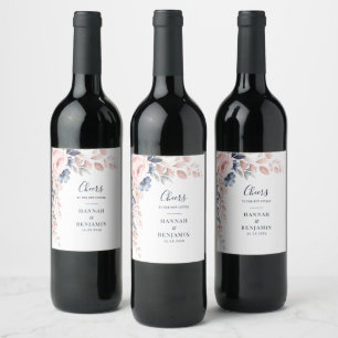 Pink Floral Mr and Mrs Botanical Foliage Wedding Wine Label