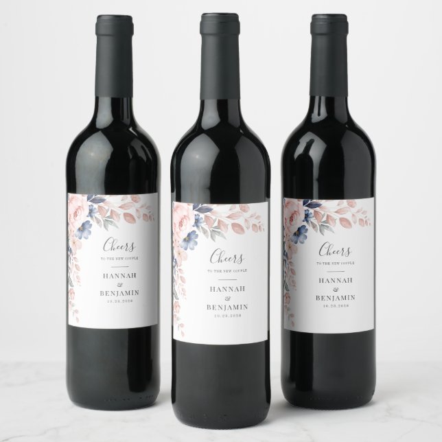 Pink Floral Mr and Mrs Botanical Wedding Wine Label (Bottles)