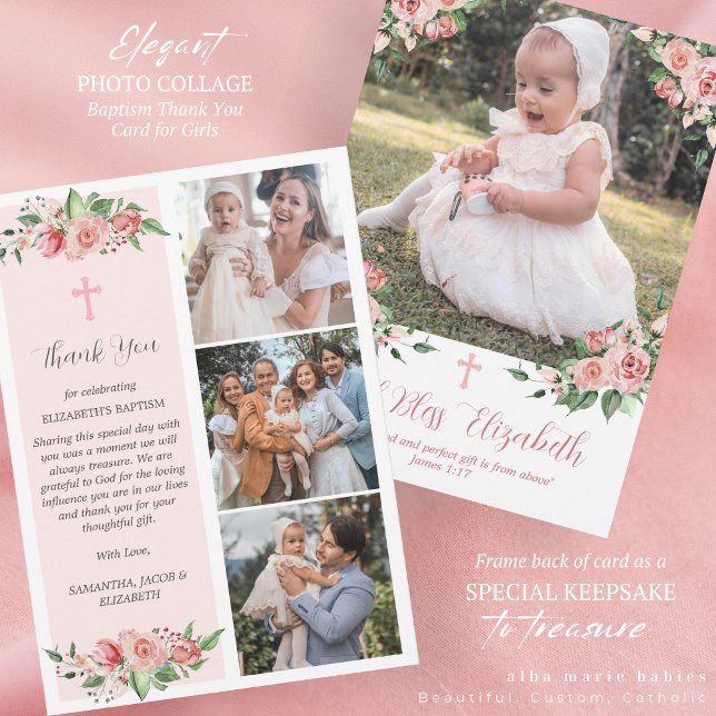 Pink Floral Multiphoto Baptism for Girls  Thank You Card (Creator Uploaded)