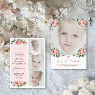 Pink Floral Multiphoto First Communion for Girls Invitation