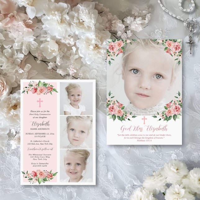 Pink Floral Multiphoto First Communion for Girls Invitation (First Holy Communion invitation for little girls with photo collage and keepsake backer)