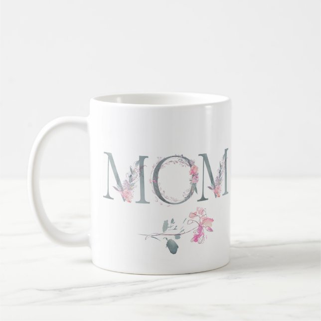 Pink Floral Mum Design with Names Coffee Mug (Left)