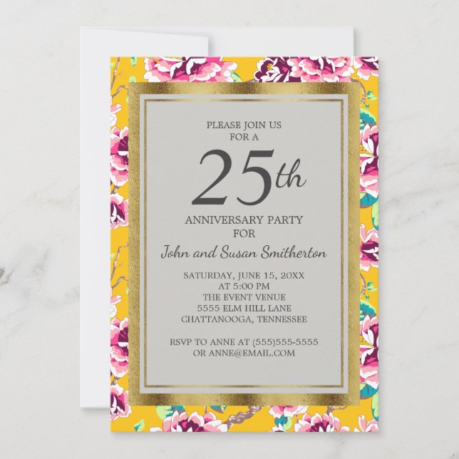 Pink Floral Mustard Yellow 25th Anniversary Party Invitation (Front)