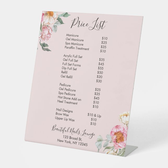 Pink Floral Nail Salon Price List Menu Pedestal  Sign (Front)