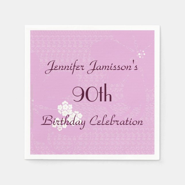 Pink Floral, Name Simple 90th Birthday Party Paper Napkin (Front)