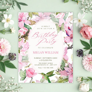 Pink floral nature botanical birthday invitation
