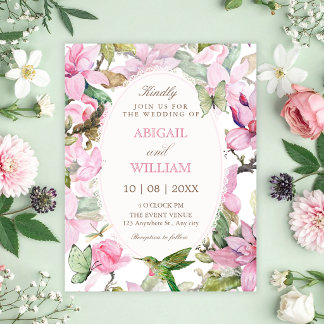 Pink floral nature botanical wedding invitation