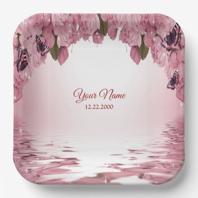 Pink Floral Nature Butterfly Outdoor Wedding Party Paper Plate (Front)