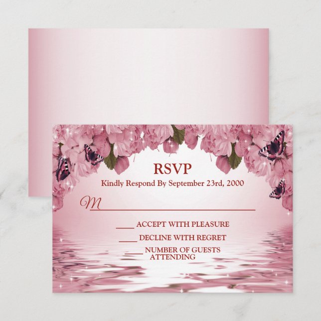 Pink Floral Nature Butterfly Outdoor Wedding Party RSVP Card (Front/Back)