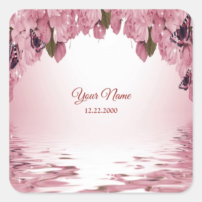 Pink Floral Nature Butterfly Outdoor Wedding Party Square Sticker (Front)