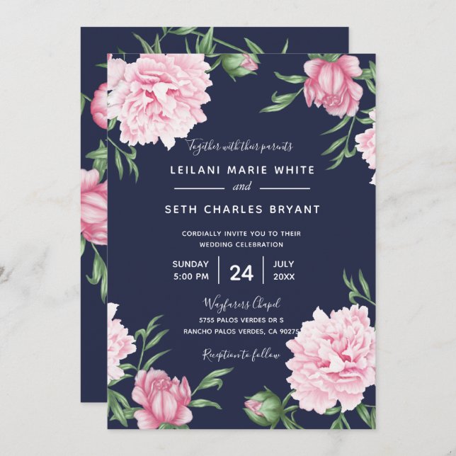 Pink Floral Navy Background Wedding Invitation (Front/Back)